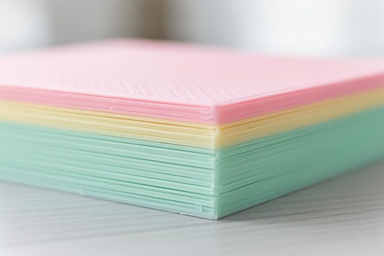 Крупный план торца напечатанной детали с тонкими чередующимися пастельными слоями