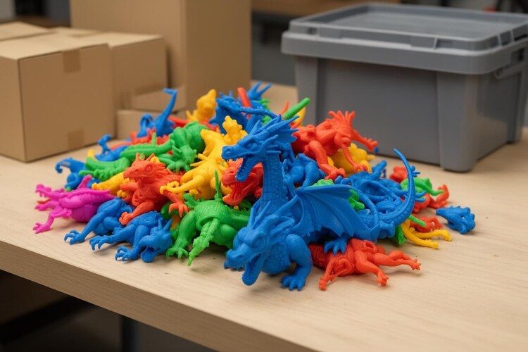 Напечатанные на 3D-принтере игрушки на столе в цехе