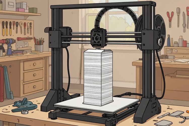 3D-принтер печатает высокую деталь, видны горизонтальные слои