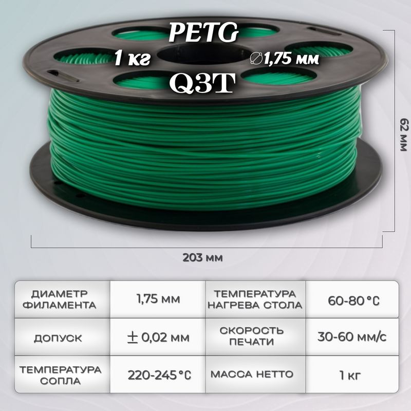 PETG зеленый пластик для 3D-принтеров Q3T Filament 1 кг (1,75 мм)
