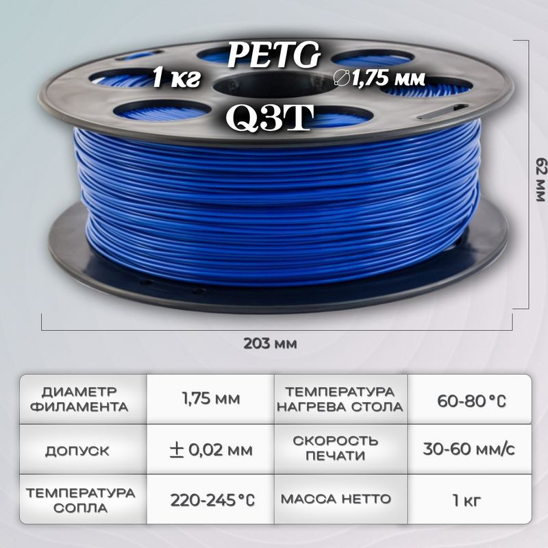 PETG синий пластик для 3D-принтеров Q3T Filament 1 кг (1,75 мм)