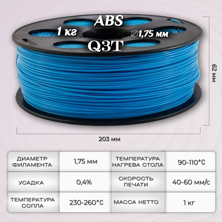 ABS голубой пластик для 3D-принтеров Q3T Filament 1 кг (1,75 мм)