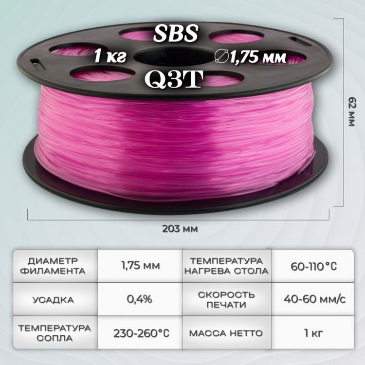 SBS розовый пластик для 3D-принтеров Q3T Filament 1 кг (1,75 мм)