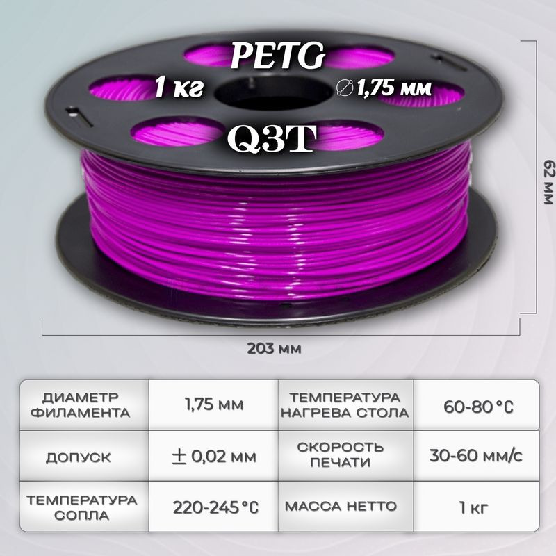 PETG сиреневый пластик для 3D-принтеров Q3T Filament 1 кг (1,75 мм)